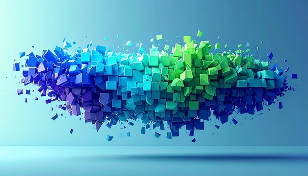 Abstract 3D mosaic particles floating in vibrant gradient digital background