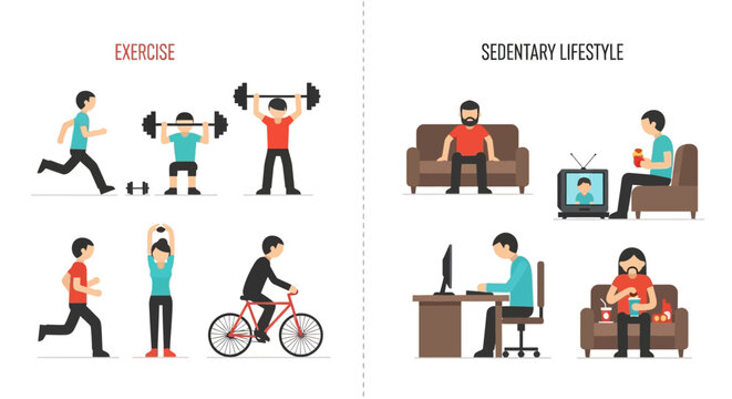 Healthy Versus Sedentary Lifestyle Choices Illustrated with People Exercising and Relaxing