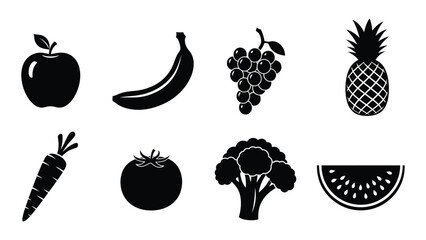 A collection of fresh fruit and vegetable icons in black silhouette on white background for healthy eating and nutrition concepts © Rian