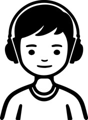 Obraz premium Hand Drawn Boy Wearing Headphones Black and White Avatar Illustration in Minimal Line Art Style Design