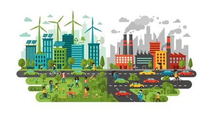 Urban Transformation Illustrating the Stark Contrast Between a Sustainable Green City and a Polluted Industrial Environment © Avra