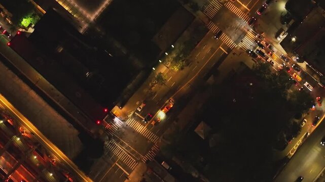 Aerial view of city streets at night in New York, USA