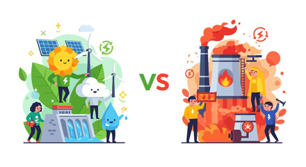 Obraz premium The Stark Contrast Sustainable Energy Solutions vs. Industrial Pollution and its Environmental Impact. A Global Choice for a Greener Future