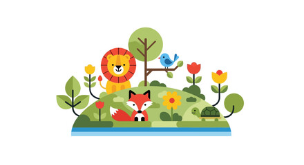 Obraz premium A delightful illustration of a whimsical forest scene featuring friendly animals and vibrant flora, perfect for children's content and nature-themed designs