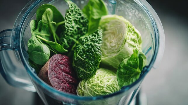 Fresh vegetables in blender preparing a smoothie for healthy nutrition