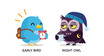 Early Bird vs Night Owl A humorous depiction of morning and night routines with contrasting characters and objects © Avra