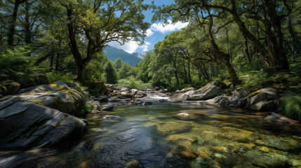 Fototapeta premium Scenic Forest River, crystal clear water running through a forest, creating a tranquil, natural environment, lush green trees, bright sky