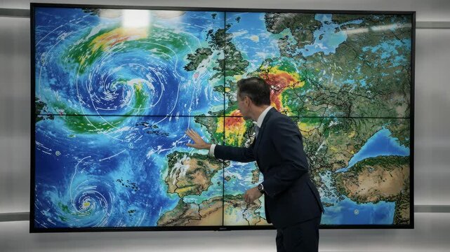 Presenter stands in front of a large touchscreen weather wall displaying dynamic radar loops and temperature maps with the background softly blurred for emphasis.