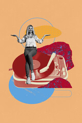 Image pop creative artwork collage of happy girl guy sit retro vinyl disk meloman playlist music...
