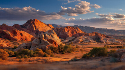 Naklejka premium Majestic landscape featuring rugged mountain range under cloudy sky bathed in warm light