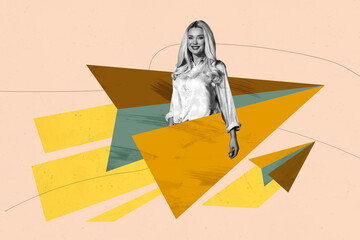 Creative pop poster sketch art collage of happy businessman businesswoman fly paper plane...