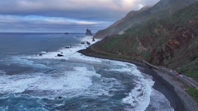View of Almaciga Beach in northern Tenerife. Anaga Rural Park. Canary Islands. Aerial video.