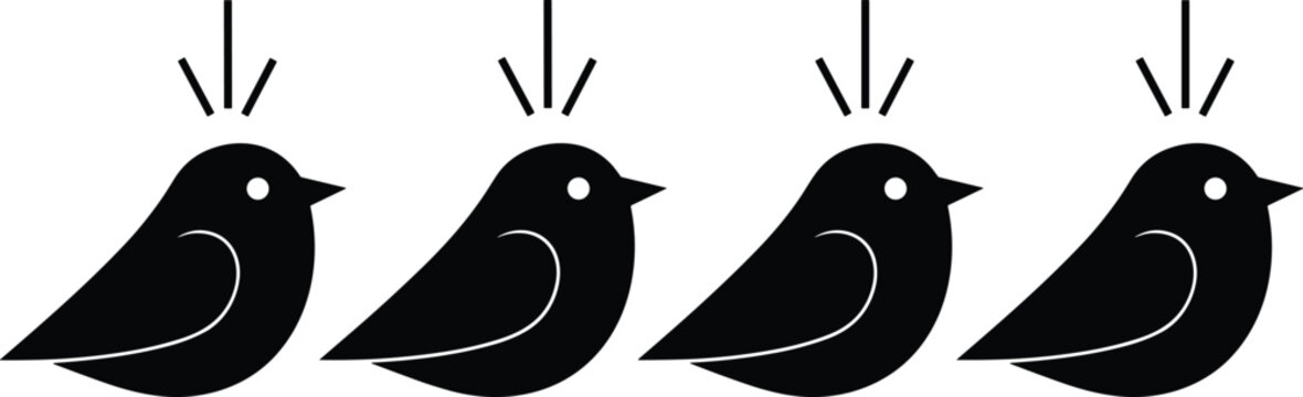 Black bird silhouette icons set featuring chirping birds with sound lines, symbolizing communication, nature, wildlife, pattern, and abstract design illustration.