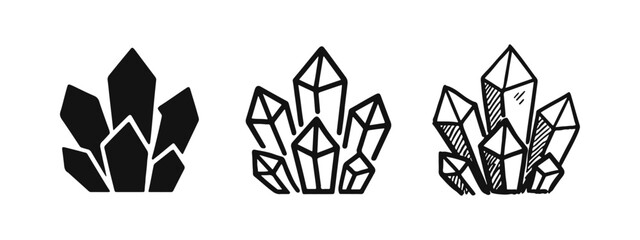 Crystal Cluster Icon Set. Gemstone mineral graphic for magic and healing stones in different styles. © drawing lines