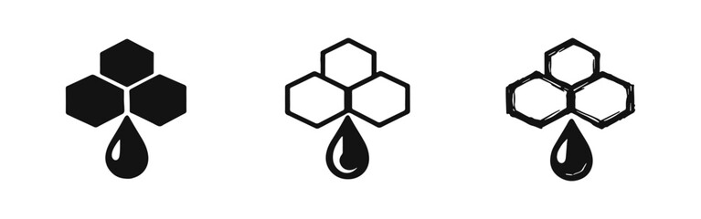 Honeycomb and Honey Drop Icon Set in Solid, Outline, and Hand-Drawn Styles © drawing lines