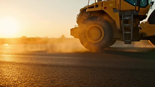 Road roller compacting asphalt surface at sunset construction site