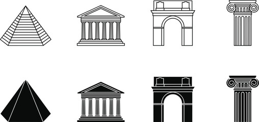 Naklejka premium Black and white classical architecture icons set featuring pyramid, Greek temple, triumphal arch, and Ionic column, symbolizing history, culture, heritage, and ancient design illustration.