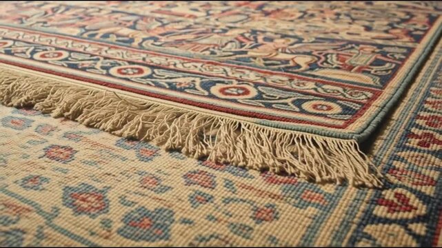 Close-up of a traditional Persian rug with intricate patterns and fringed edges, showcasing detailed craftsmanship.