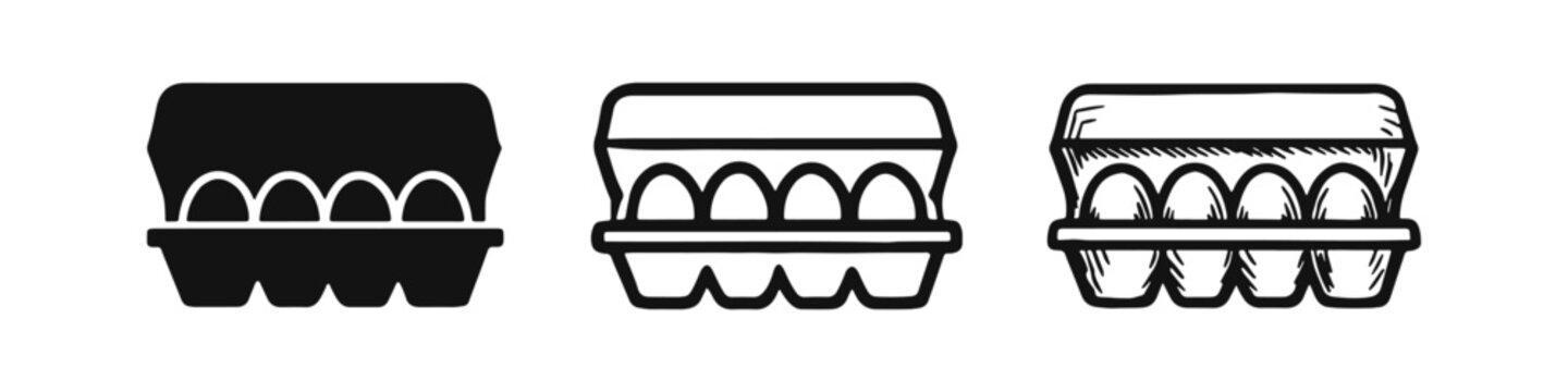 Egg carton with eggs icon set in solid, outline, and hand-drawn styles