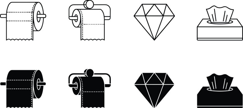 Black and white bathroom icons set featuring toilet paper rolls, tissue box, and diamond shape, symbolizing hygiene, household, luxury, and abstract design illustration.