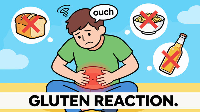 Cartoon man suffering from gluten intolerance reaction clutching stomach with icons of prohibited wheat products for healthcare and medical marketing