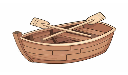 Fototapeta premium Cute Cartoon Wooden Fishing Boat with Paddles Flat Vector Illustration Isolated on White Background