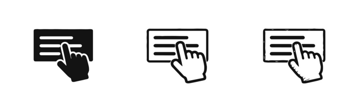 Hand tapping on screen or document icon set. Touch interface selection symbol. Digital interaction vector.