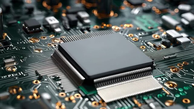 A close-up view of a computer chip on a circuit board with various components and wires in a modern technology setting.
