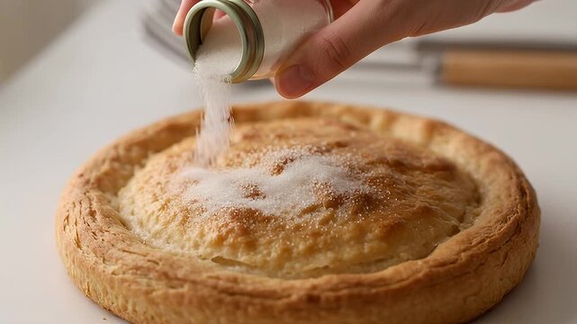 Sprinkling refined white sugar onto a freshly baked round cake with crusty edges