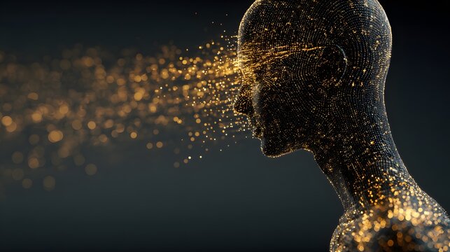 A digital illustration of a human head with particles exploding from it