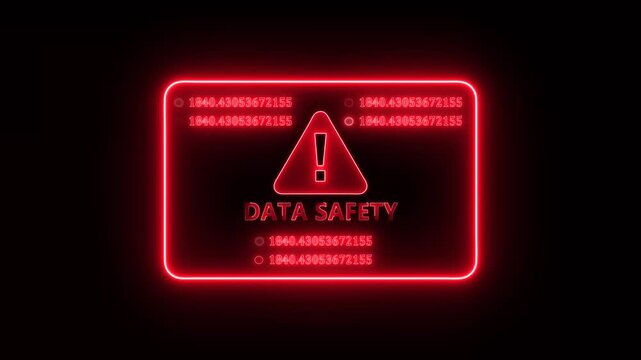Red neon data safety obscurity warning interface animation with glowing digital protection alert panel, futuristic network monitoring and security system display