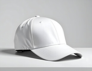 Fototapeta premium A blank white baseball cap sits on a clean white surface