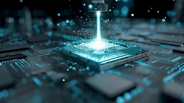 A futuristic computer chip with a bright blue light emanating from it, set against a dark background with blurred circuit boards.