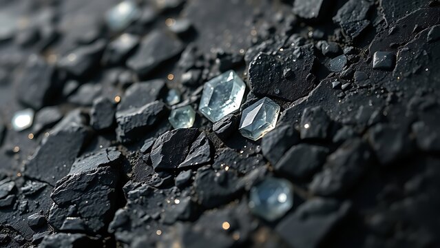 pegmatite. Close-up of dark pegmatite rock with embedded sparkling minerals. STEM education sheets, lab safety posters, designed for biotech research communications, supports STEM education.