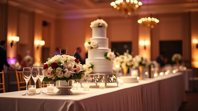 guests. Elegant wedding buffet table featuring a tiered cake and floral arrangements, softly lit with warm ambiance. symbolizing life milestones and joyful moments.