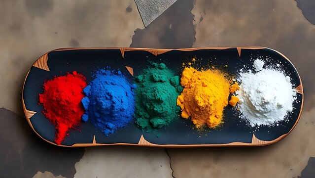 orpiment. Traditional mineral pigment powders for dancheong arranged on a painter's palette, vibrant colors on textured stone. event programs.