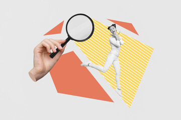 Creative pop collage of person stand near hold magnifier glass on color background