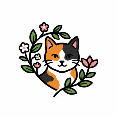 Obraz premium A charming illustration of a calico cat surrounded by flowers. This delightful design evokes feelings of joy and companionship, perfect for cat lovers.