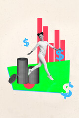 Vertical sketch 3d artwork collage poster of happy businessman businesswoman receive dollar...