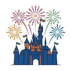 Fototapeta premium Colorful fireworks exploding above fantasy amusement park castle night celebration theme park concept