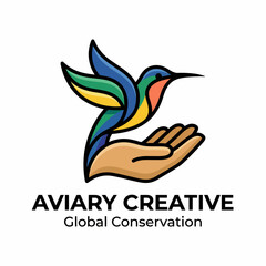 Obraz premium A vibrant logo illustrating a hummingbird in flight above a hand, representing global conservation efforts and ethical responsibility toward nature.