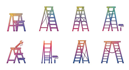 Colorful illustration of various ladders and related tools on white background © HOLYLINE ART