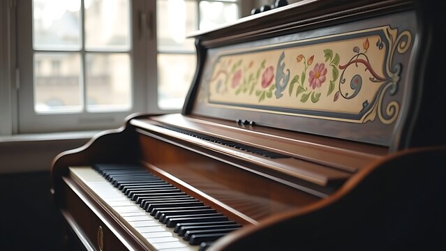 harpsichord. Side view of an antique harpsichord with ornate painted soundboard and floral motifs. event programs, museum guides, designed for cultural heritage projects and event programs.
