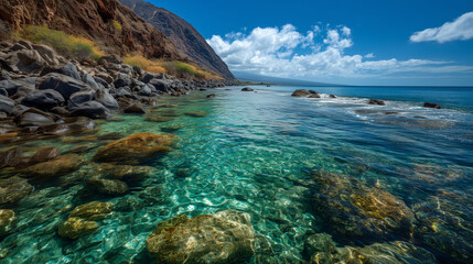 Fototapeta premium Crystal clear water rocky shore mountain range landscape vibrant blue skies