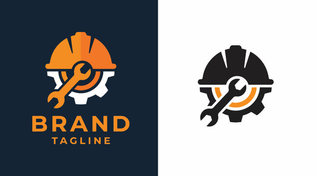 This logo design features a construction helmet and a wrench, symbolizing the tools of the trade in construction and engineering, representing strength and reliability in the industry.