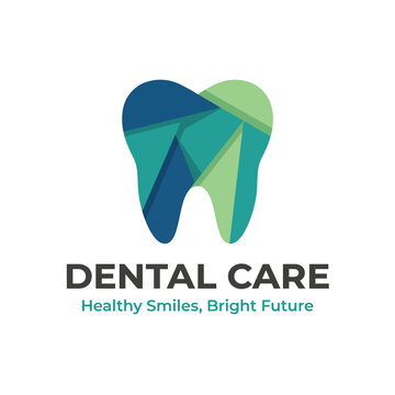 This logo design represents dental care with a stylized tooth created from geometric shapes, emphasizing healthy smiles and a bright future in dental health and hygiene.