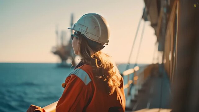 Female oil industry engineer wearing safety helmet observing offshore drilling platform at sea