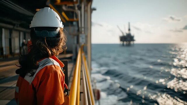 Professional female engineer standing on offshore platform deck looking toward oil rig in ocean