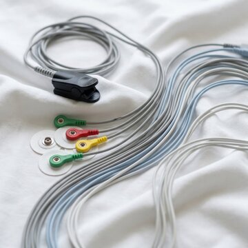 Medical monitoring equipment with ECG leads and electrodes arranged on white fabric reflecting precision in patient diagnostics and healthcare technology
