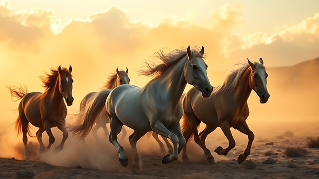 gallop. Horses with flowing manes running through desert landscape in golden hour light, wildlife magazines, conservation campaigns, designed for wildlife conservation campaigns.